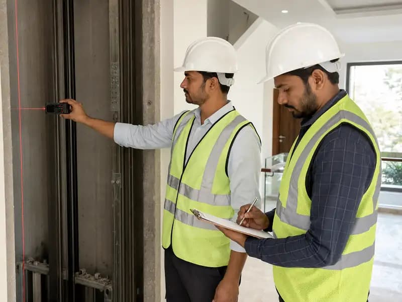 Site Inspection for Home Lift Installation in Hyderabad Certified engineers inspecting site for home lift installation in Hyderabad
